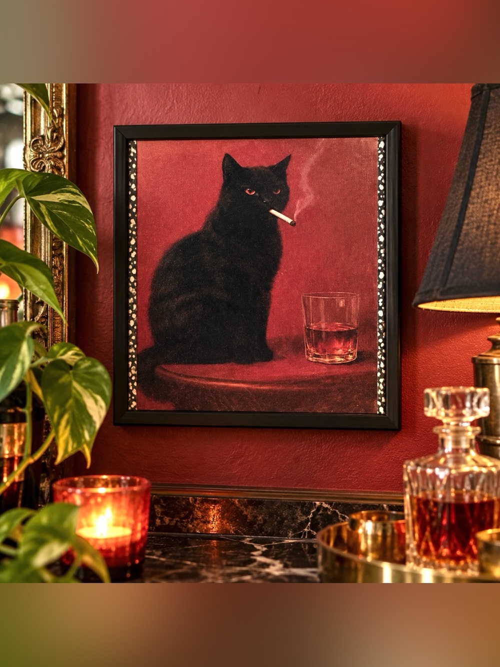 Black Cat Smoking Whiskey Vintage Style Framed Wall Art Gothic Moody Decor 13โ